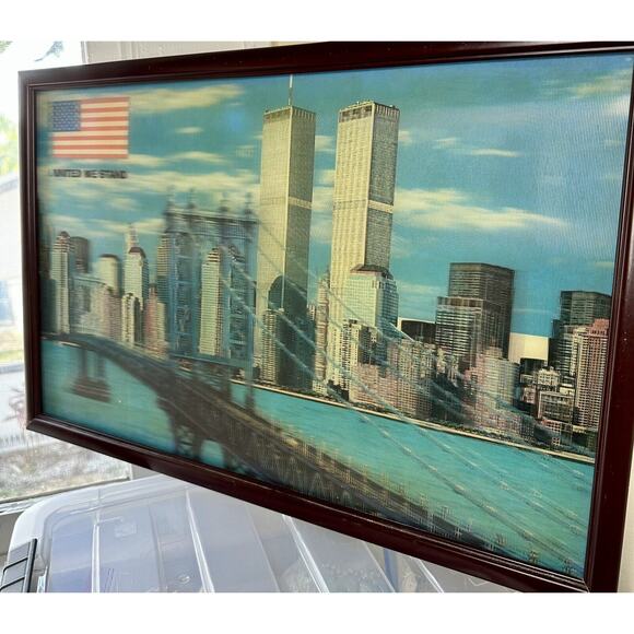 Vintage Twin Towers/ Brooklyn Bridge United We Stand American Flag NYC Hologram - Picture 2 of 5